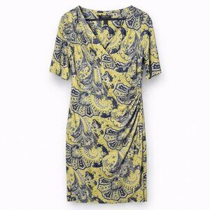 Ralph Lauren Yellow Paisley Ruched V Neck Short Sleeve Knee Length Dress Size 12